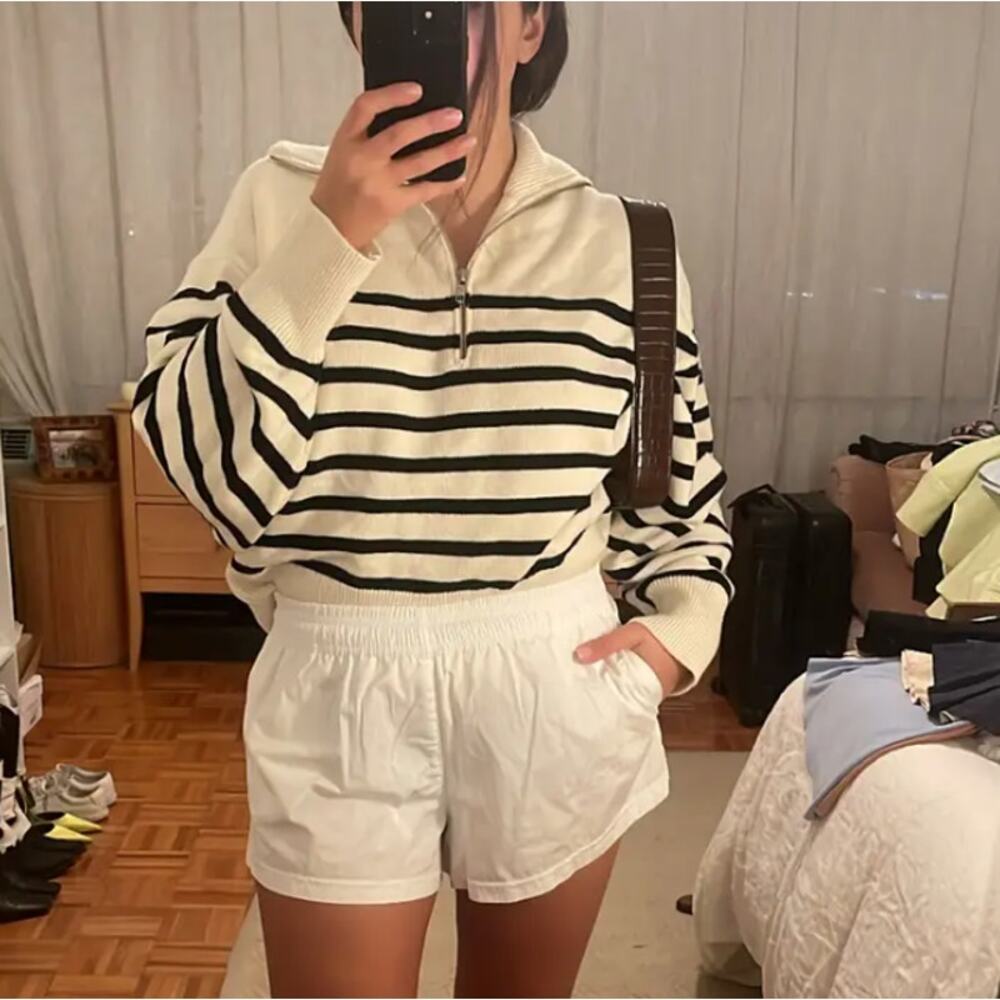 Marissa Webb Striped Quarter Zip Sweater SMALL Fold Over Oversized Nautical $265 - Picture 9 of 15
